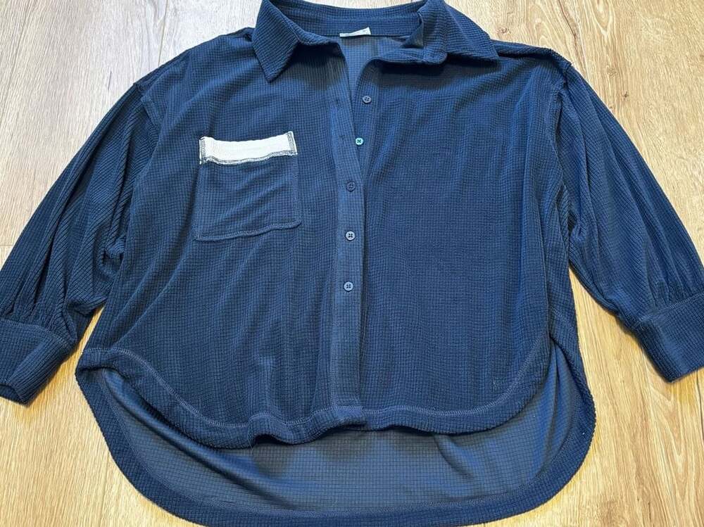 Free People Waffle Knit Button Down Shirt Size S Blue